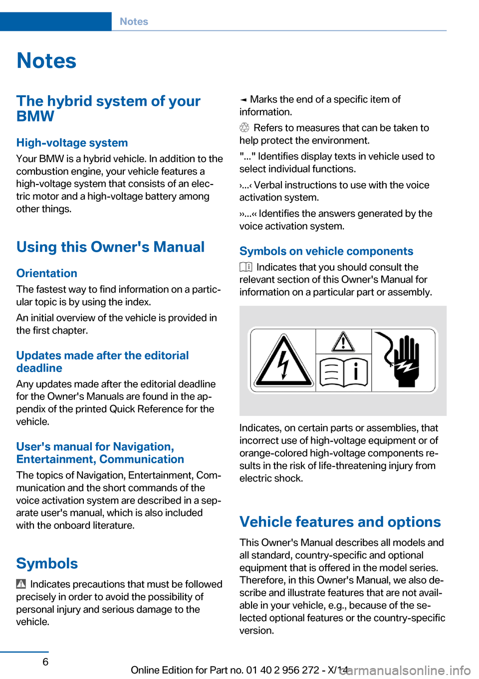 BMW ACTIVE HYBRID 5 2014 F10H Owners Manual NotesThe hybrid system of your
BMW
High-voltage system
Your BMW is a hybrid vehicle. In addition to the
combustion engine, your vehicle features a
high-voltage system that consists of an elec‐
tric 