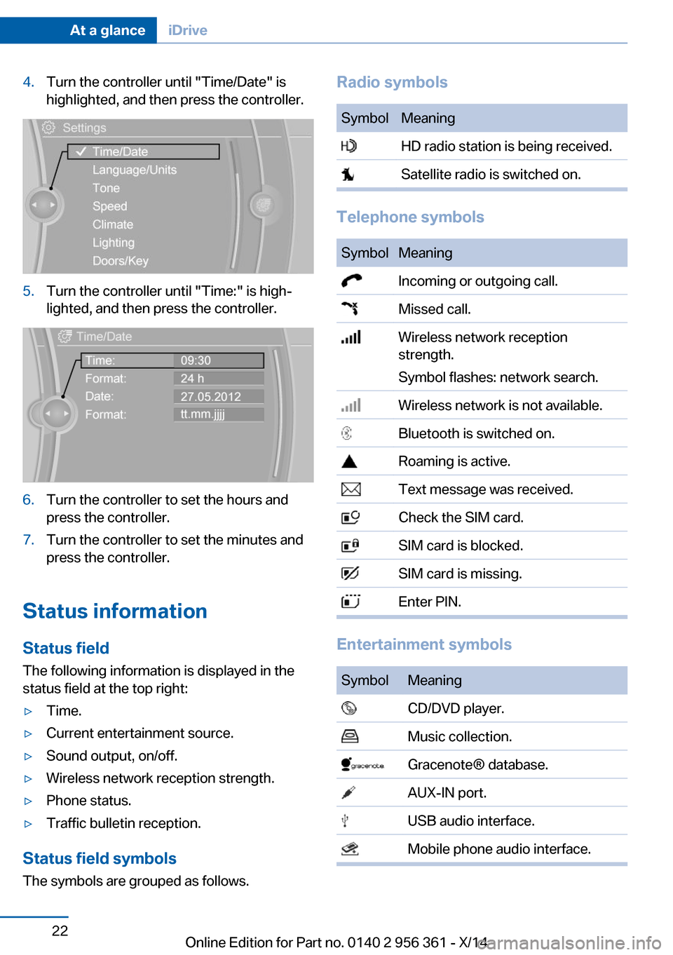 BMW M6 CONVERTIBLE 2014 F12M Owners Manual 4.Turn the controller until "Time/Date" is
highlighted, and then press the controller.5.Turn the controller until "Time:" is high‐
lighted, and then press the controller.6.Turn the controller to set BMW M6 CONVERTIBLE 2014 F12M Owners Manual 4.Turn the controller until "Time/Date" is
highlighted, and then press the controller.5.Turn the controller until "Time:" is high‐
lighted, and then press the controller.6.Turn the controller to set
