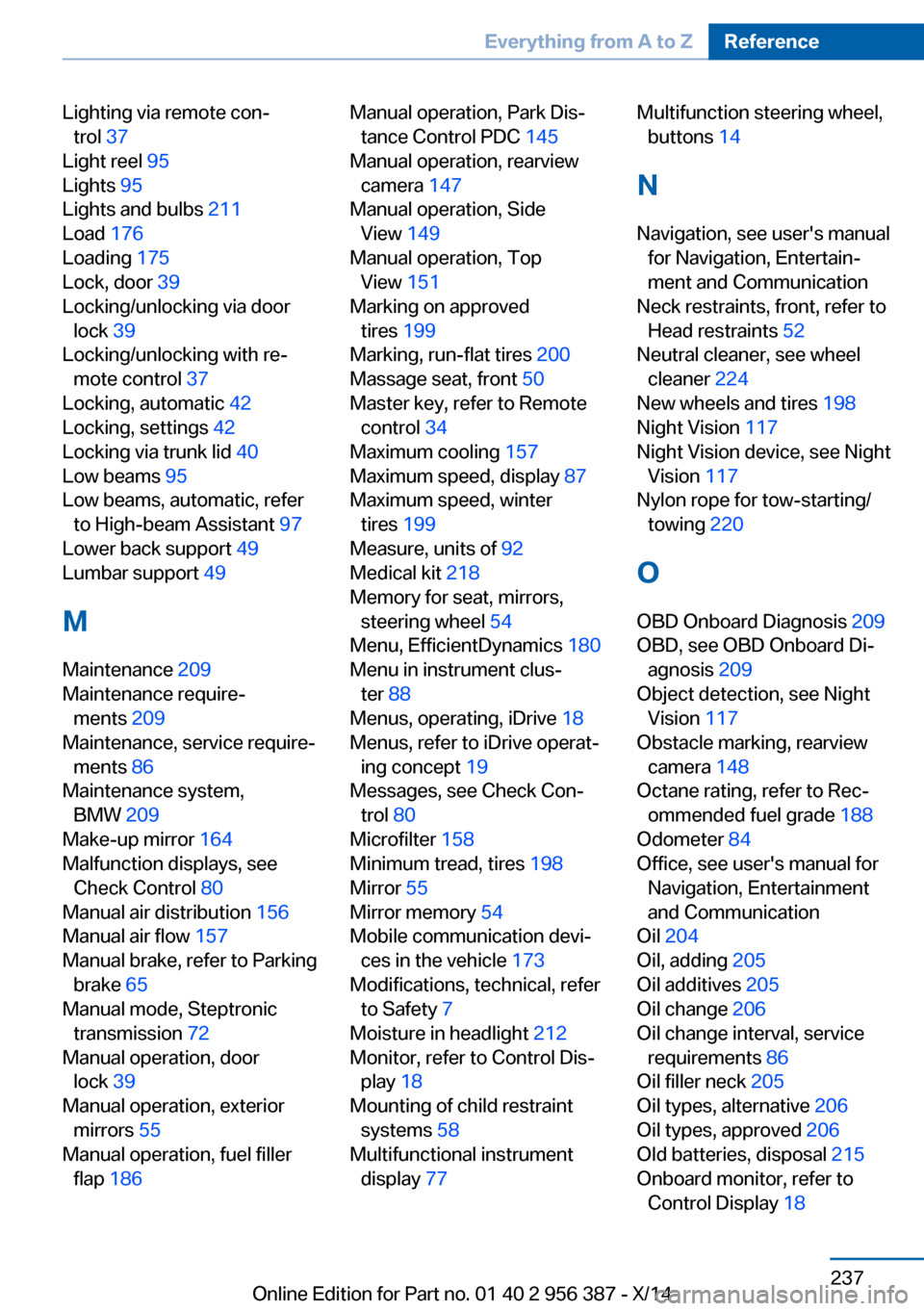 BMW 6 SERIES COUPE 2014 F13 Owners Manual Lighting via remote con‐trol  37 
Light reel  95 
Lights  95 
Lights and bulbs  211 
Load  176 
Loading  175 
Lock, door  39 
Locking/unlocking via door lock  39 
Locking/unlocking with re‐ mote c