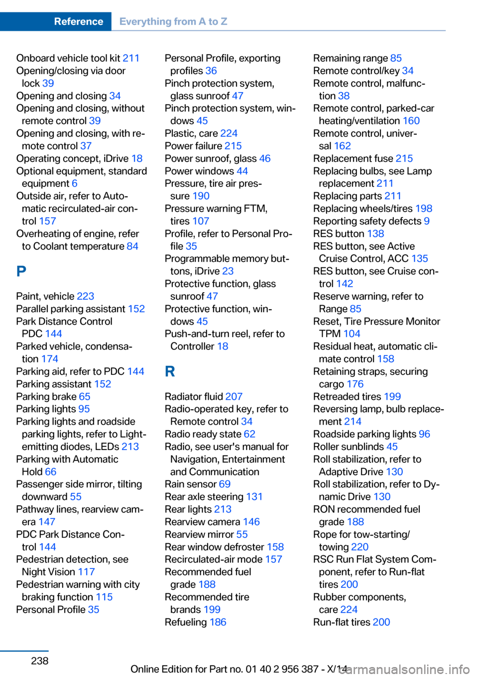 BMW 6 SERIES COUPE 2014 F13 Owners Guide Onboard vehicle tool kit 211 
Opening/closing via door lock  39 
Opening and closing  34 
Opening and closing, without remote control  39 
Opening and closing, with re‐ mote control  37 
Operating c