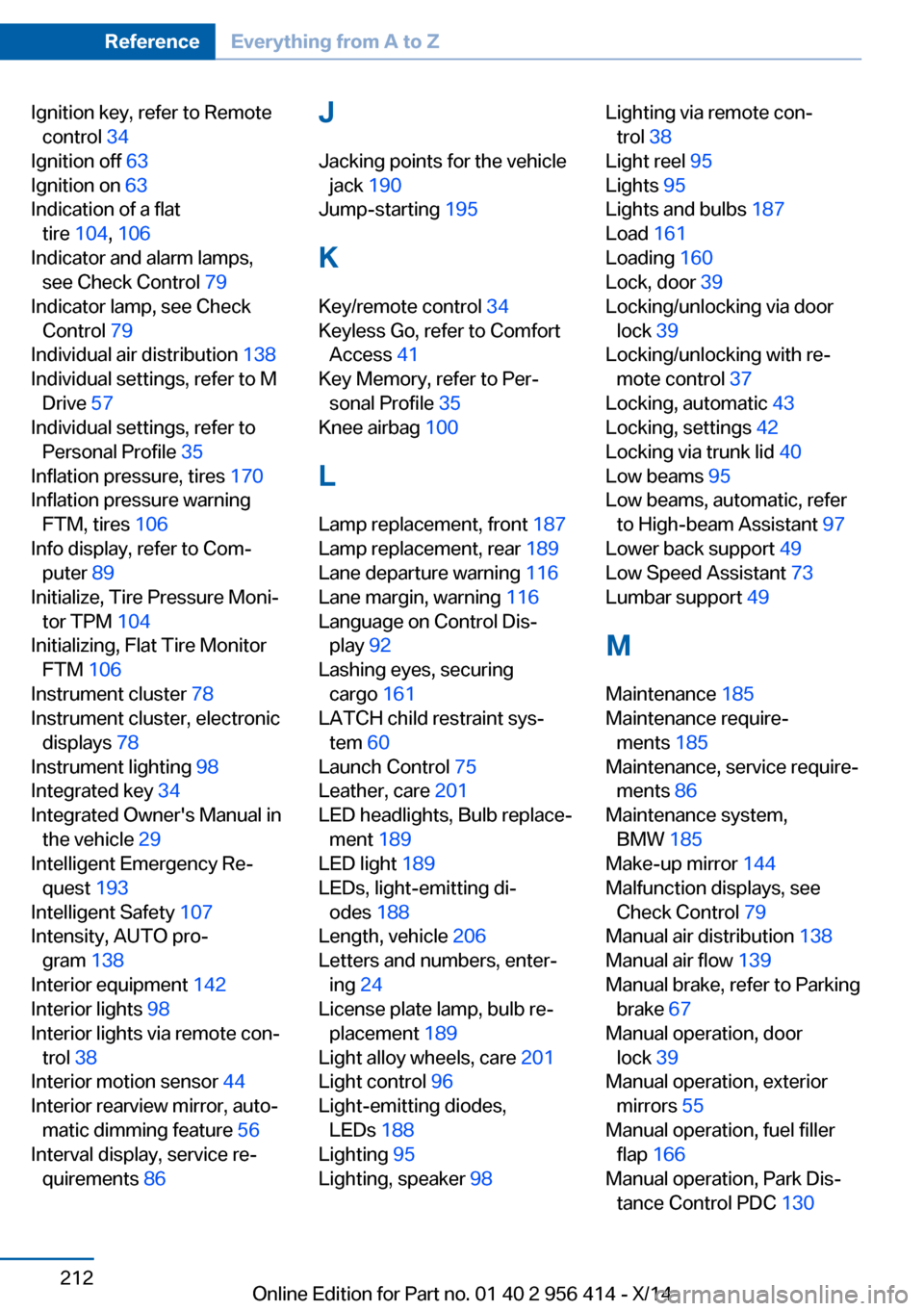 BMW M6 COUPE 2014 F13M Owners Manual Ignition key, refer to Remotecontrol  34 
Ignition off  63 
Ignition on  63 
Indication of a flat tire  104 , 106  
Indicator and alarm lamps, see Check Control  79 
Indicator lamp, see Check Control 