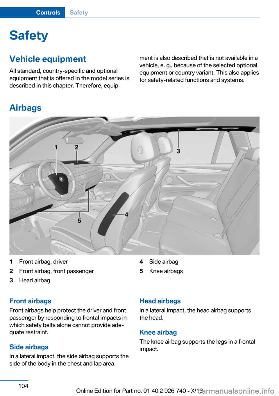 BMW X5 2014 F15 Owners Manual SafetyVehicle equipment
All standard, country-specific and optional
equipment that is offered in the model series is
described in this chapter. Therefore, equip‐ment is also described that is not av