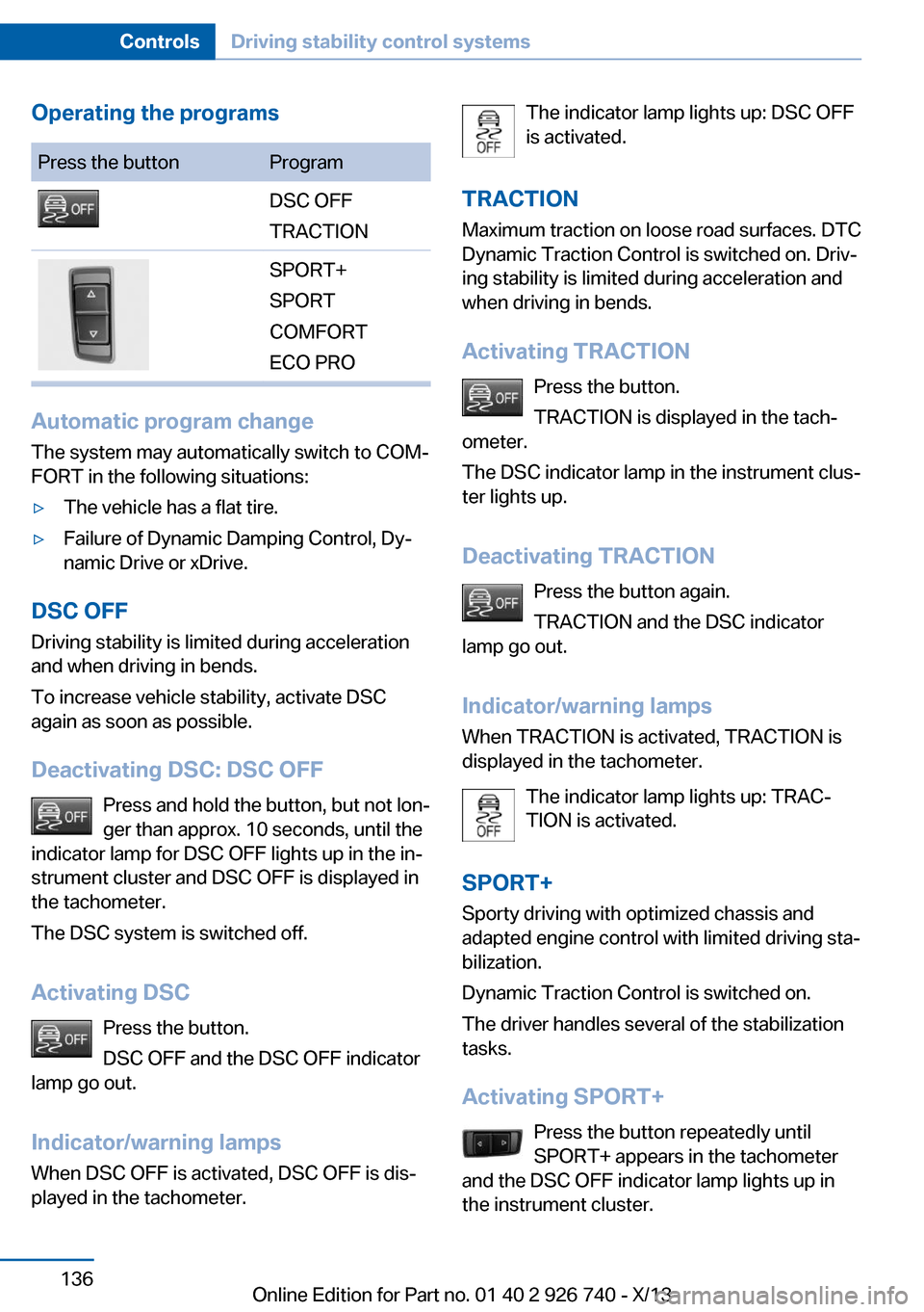 BMW X5 2014 F15 Owners Manual Operating the programsPress the buttonProgramDSC OFF
TRACTIONSPORT+
SPORT
COMFORT
ECO PRO
Automatic program change
The system may automatically switch to COM‐
FORT in the following situations:
▷Th