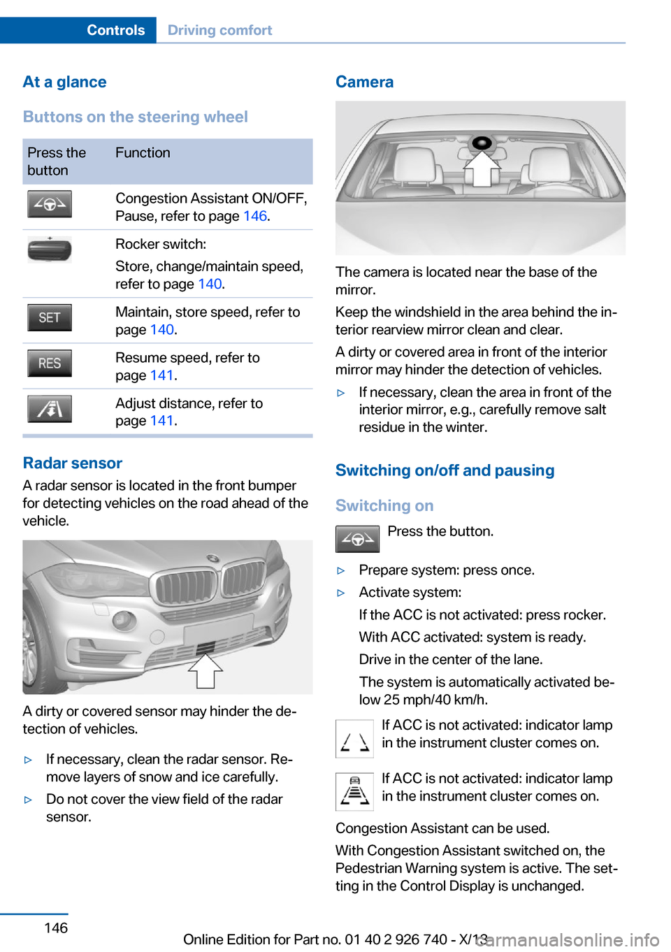 BMW X5 2014 F15 Owners Manual At a glance
Buttons on the steering wheelPress the
buttonFunctionCongestion Assistant ON/OFF,
Pause, refer to page  146.Rocker switch:
Store, change/maintain speed,
refer to page  140.Maintain, store 