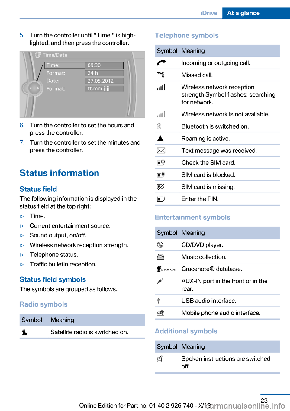 BMW X5 2014 F15 Owners Guide 5.Turn the controller until "Time:" is high‐
lighted, and then press the controller.6.Turn the controller to set the hours and
press the controller.7.Turn the controller to set the minutes and
press