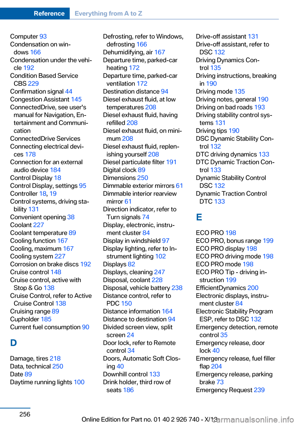 BMW X5 2014 F15 User Guide Computer 93 
Condensation on win‐ dows  166 
Condensation under the vehi‐ cle  192  
Condition Based Service CBS  229 
Confirmation signal  44 
Congestion Assistant  145 
ConnectedDrive, see user