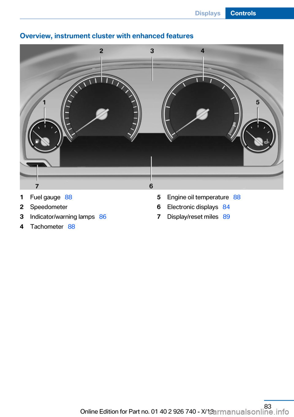 BMW X5 2014 F15 Owners Manual Overview, instrument cluster with enhanced features1Fuel gauge  882Speedometer3Indicator/warning lamps   864Tachometer  885Engine oil temperature   886Electronic displays  847Displ