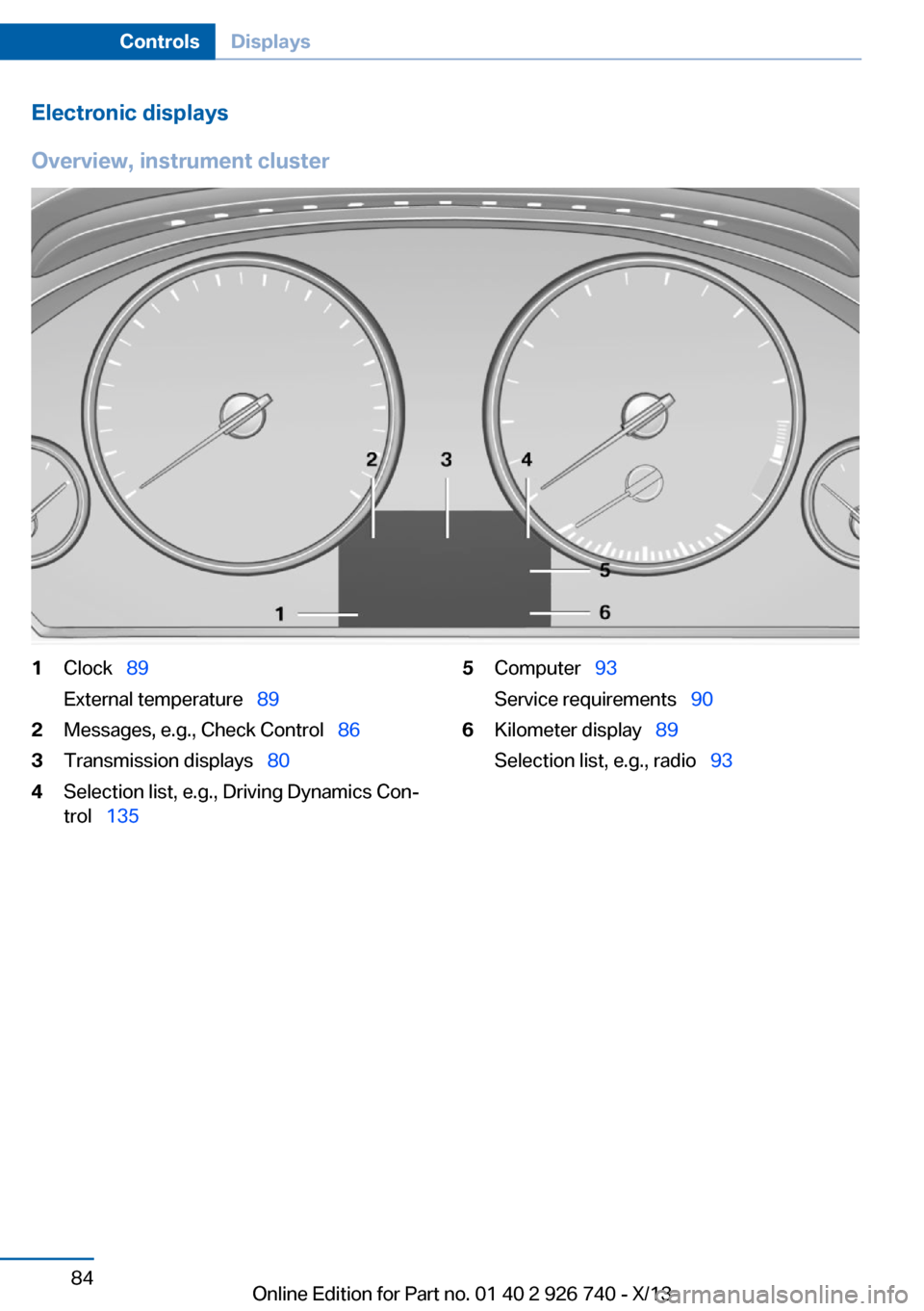 BMW X5 2014 F15 Owners Guide Electronic displays
Overview, instrument cluster1Clock 89
External temperature 892Messages, e.g., Check Control 863Transmission displays 804Selection list, e.g., Driving Dynamic BMW X5 2014 F15 Owners Guide Electronic displays
Overview, instrument cluster1Clock 89
External temperature 892Messages, e.g., Check Control 863Transmission displays 804Selection list, e.g., Driving Dynamic