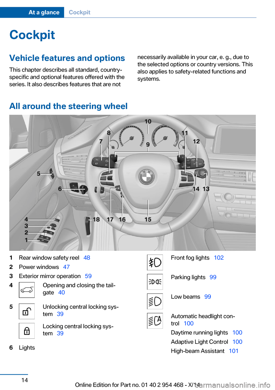 BMW X6 2014 F16 User Guide CockpitVehicle features and options
This chapter describes all standard, country-
specific and optional features offered with the
series. It also describes features that are notnecessarily available i