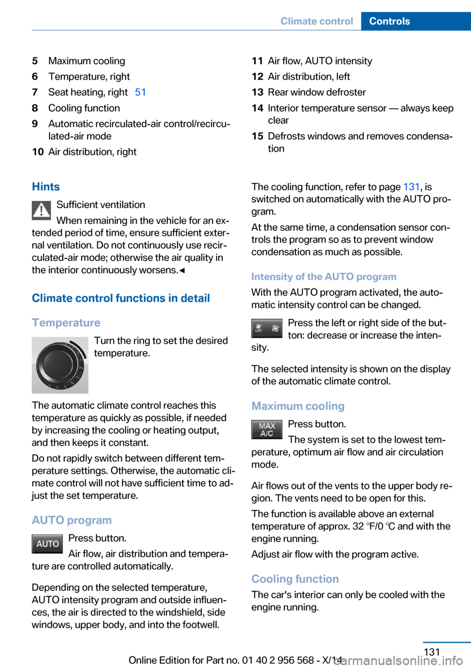 BMW 2 SERIES 2014 F22 Owners Manual 5Maximum cooling6Temperature, right7Seat heating, right  518Cooling function9Automatic recirculated-air control/recircu‐
lated-air mode10Air distribution, right11Air flow, AUTO intensity12Air di