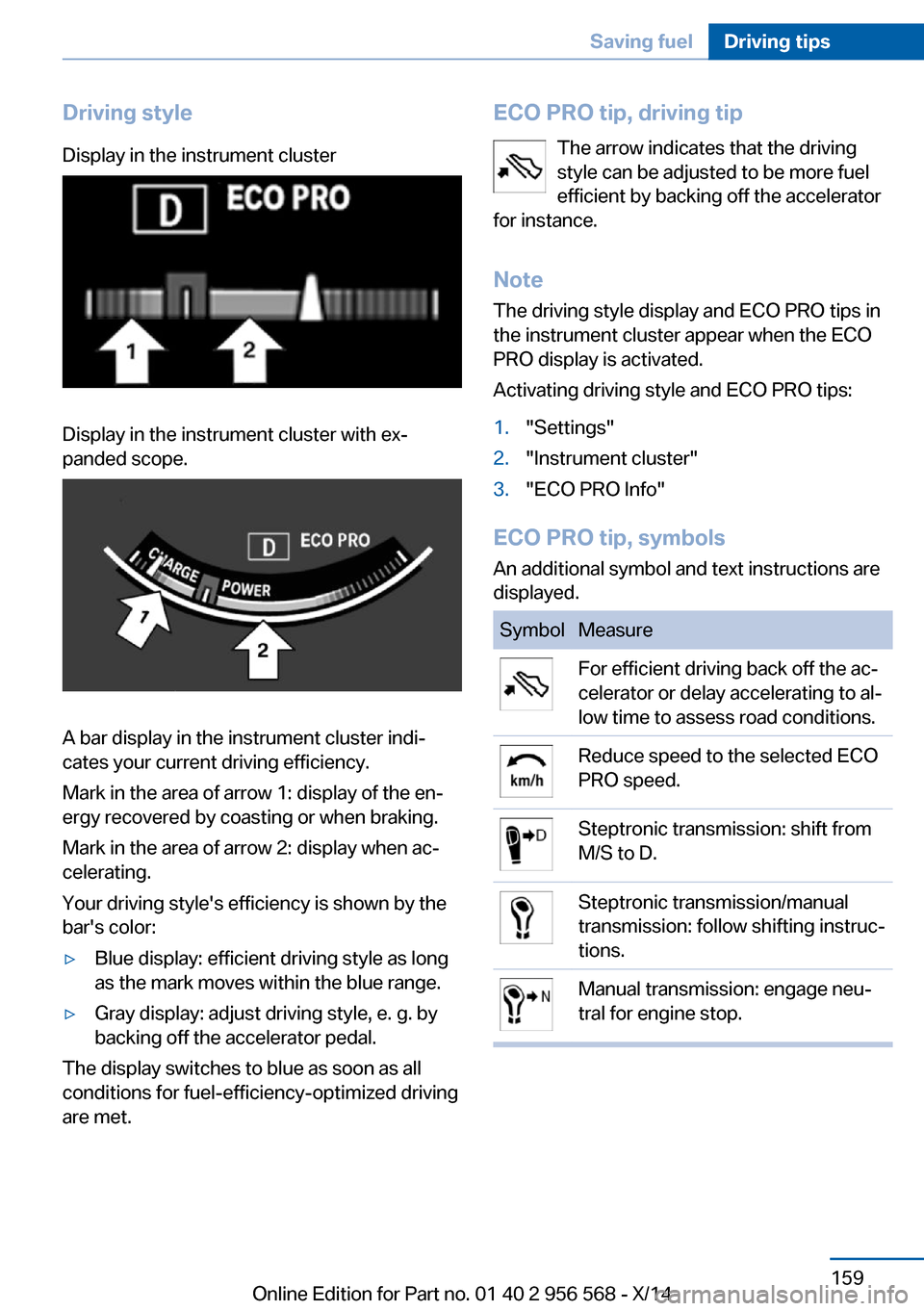 BMW 2 SERIES 2014 F22 Owners Manual Driving styleDisplay in the instrument clusterDisplay in the instrument cluster with ex‐
panded scope.
A bar display in the instrument cluster indi‐
cates your current driving efficiency.
Mark in BMW 2 SERIES 2014 F22 Owners Manual Driving styleDisplay in the instrument clusterDisplay in the instrument cluster with ex‐
panded scope.
A bar display in the instrument cluster indi‐
cates your current driving efficiency.
Mark in