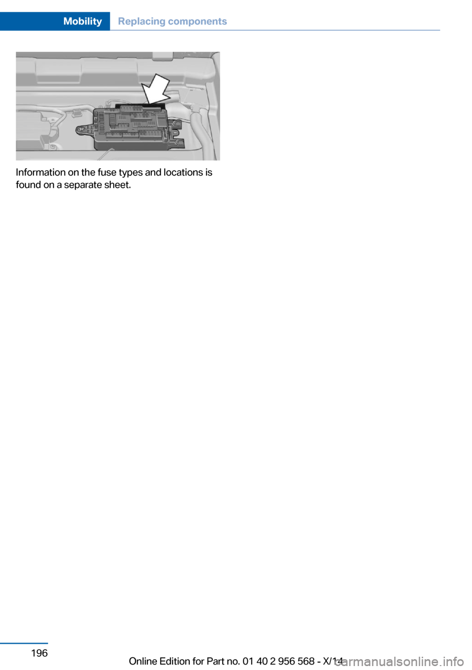 BMW 2 SERIES 2014 F22 Owners Manual Information on the fuse types and locations is
found on a separate sheet.
Seite 196MobilityReplacing components196
Online Edition for Part no. 01 40 2 956 568 - X/14 BMW 2 SERIES 2014 F22 Owners Manual Information on the fuse types and locations is
found on a separate sheet.
Seite 196MobilityReplacing components196
Online Edition for Part no. 01 40 2 956 568 - X/14