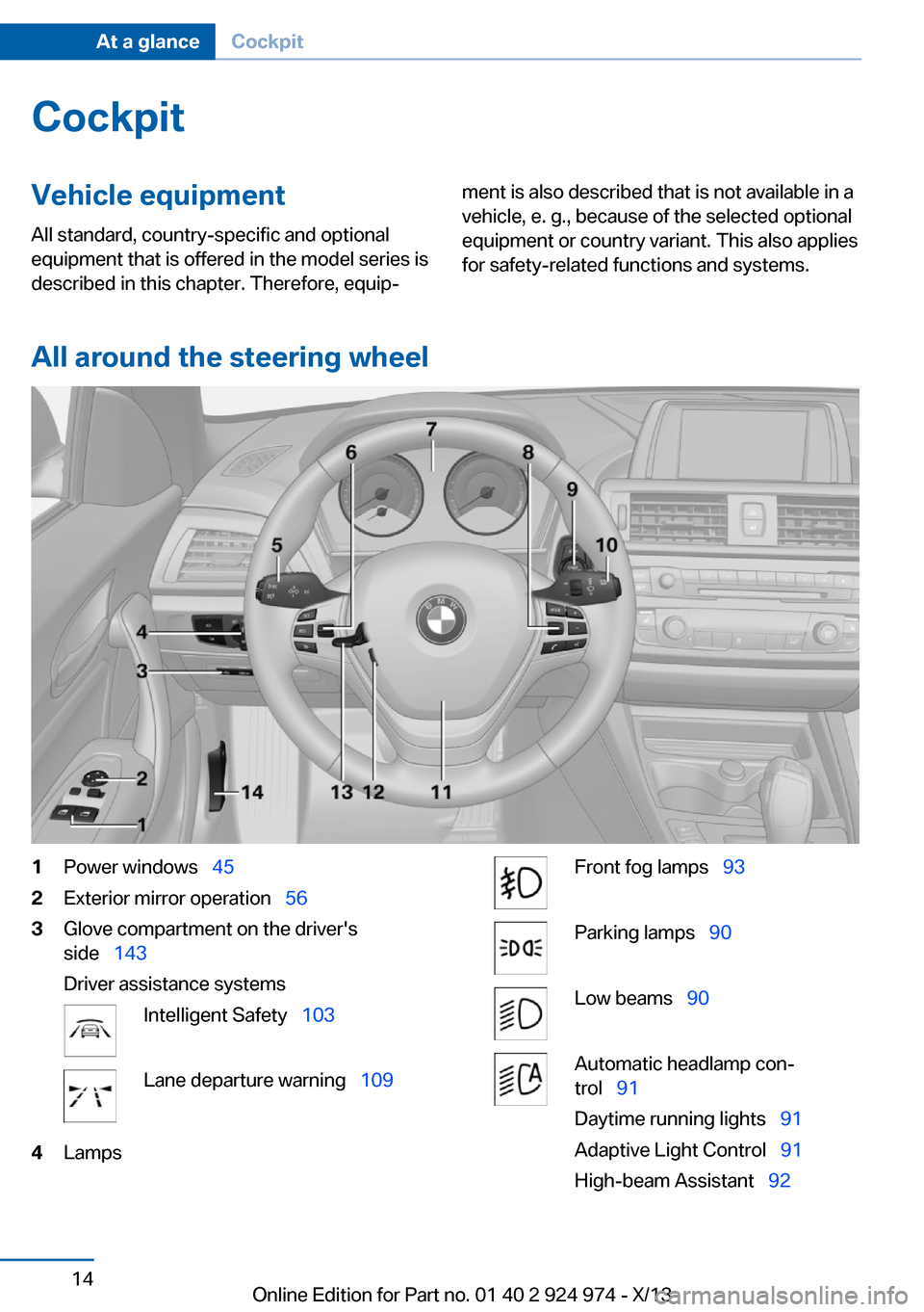 BMW M235I 2014 F22 User Guide CockpitVehicle equipment
All standard, country-specific and optional
equipment that is offered in the model series is
described in this chapter. Therefore, equip‐ment is also described that is not a