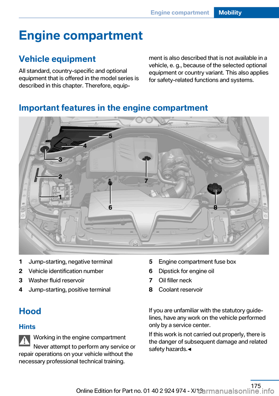 BMW M235I 2014 F22 Owners Manual Engine compartmentVehicle equipmentAll standard, country-specific and optional
equipment that is offered in the model series is
described in this chapter. Therefore, equip‐ment is also described tha