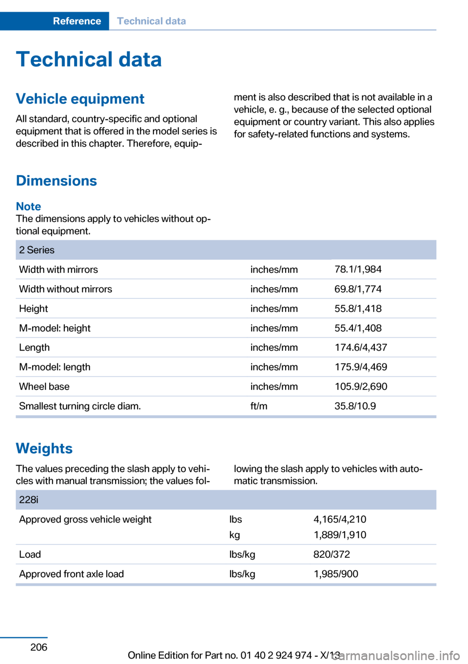 BMW M235I 2014 F22 Owners Manual Technical dataVehicle equipment
All standard, country-specific and optional
equipment that is offered in the model series is
described in this chapter. Therefore, equip‐
ment is also described that 