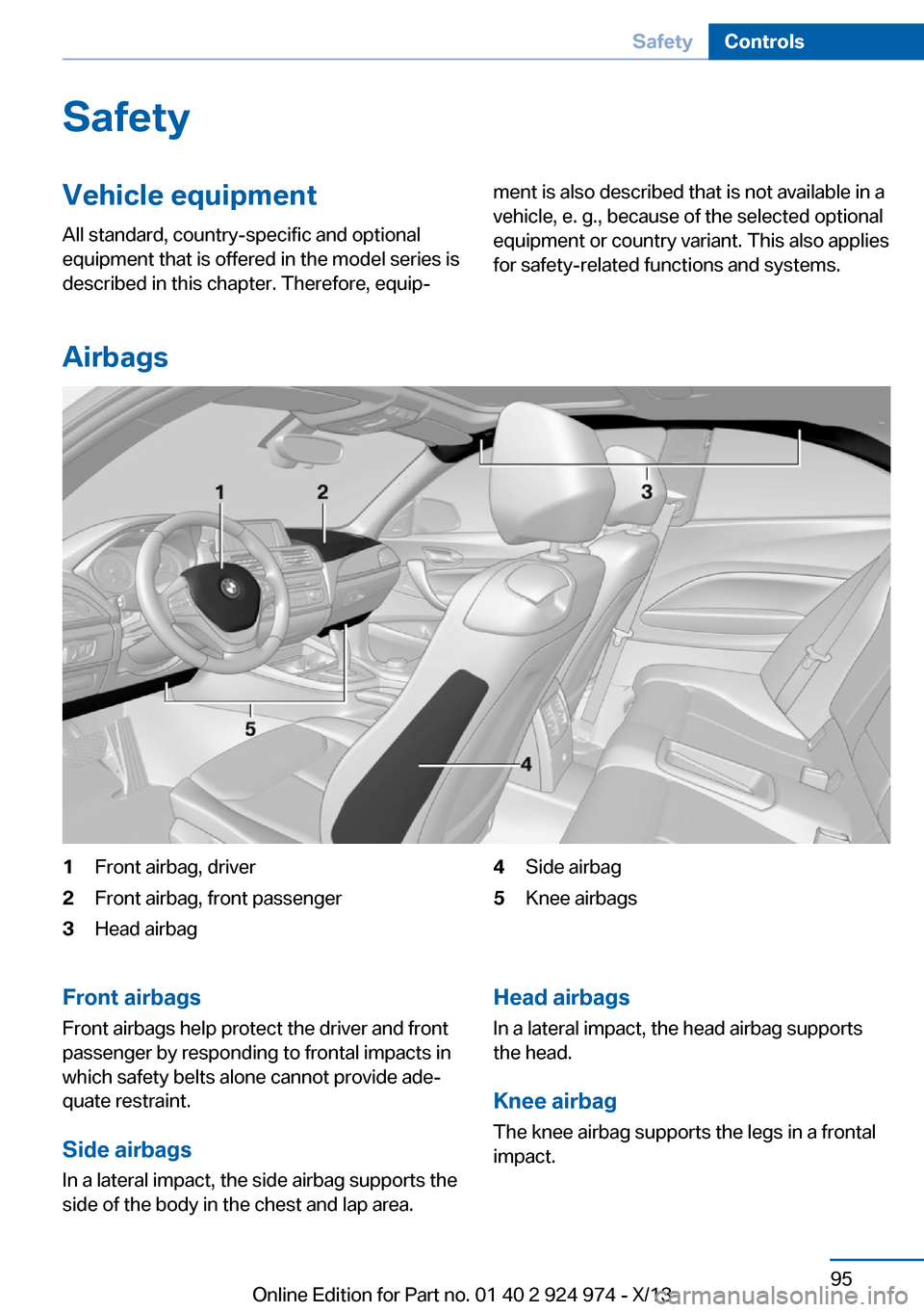 BMW M235I 2014 F22 Owners Manual SafetyVehicle equipment
All standard, country-specific and optional
equipment that is offered in the model series is
described in this chapter. Therefore, equip‐ment is also described that is not av