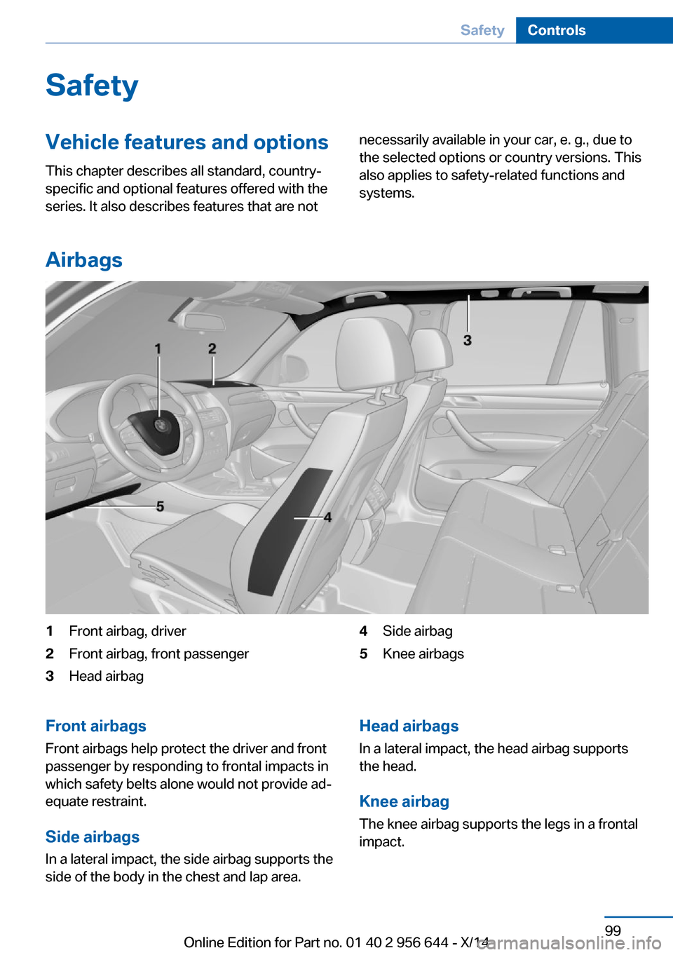 BMW X3 2014 F25 User Guide SafetyVehicle features and options
This chapter describes all standard, country-
specific and optional features offered with the
series. It also describes features that are notnecessarily available in