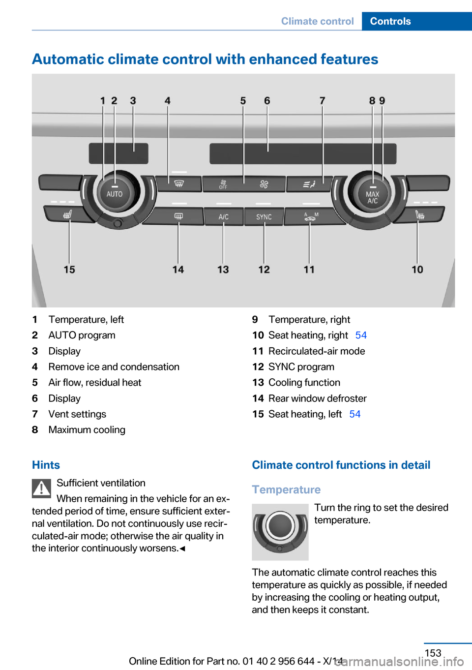 BMW X3 2014 F25 Owners Guide Automatic climate control with enhanced features1Temperature, left2AUTO program3Display4Remove ice and condensation5Air flow, residual heat6Display7Vent settings8Maximum cooling9Temperature, right10Se