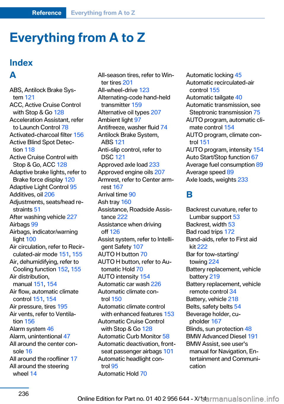 BMW X3 2014 F25 Service Manual Everything from A to Z
IndexA ABS, Antilock Brake Sys‐ tem  121 
ACC, Active Cruise Control with Stop & Go  128 
Acceleration Assistant, refer to Launch Control  78 
Activated-charcoal filter  156 
