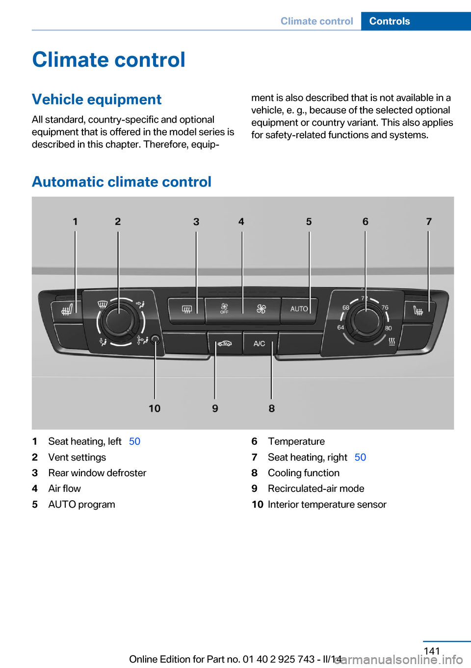 BMW 3 SERIES SEDAN 2014 F30 Owners Manual Climate controlVehicle equipment
All standard, country-specific and optional
equipment that is offered in the model series is
described in this chapter. Therefore, equip‐ment is also described that 