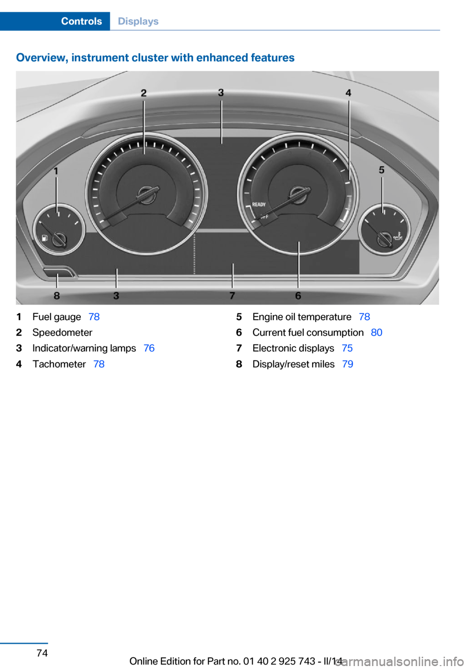 BMW 3 SERIES SEDAN 2014 F30 Manual PDF Overview, instrument cluster with enhanced features1Fuel gauge  782Speedometer3Indicator/warning lamps   764Tachometer  785Engine oil temperature   786Current fuel consumption   80