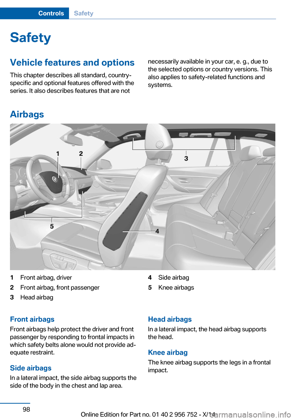 BMW 3 SERIES SPORTS WAGON 2014 F31 Owners Manual SafetyVehicle features and options
This chapter describes all standard, country-
specific and optional features offered with the
series. It also describes features that are notnecessarily available in