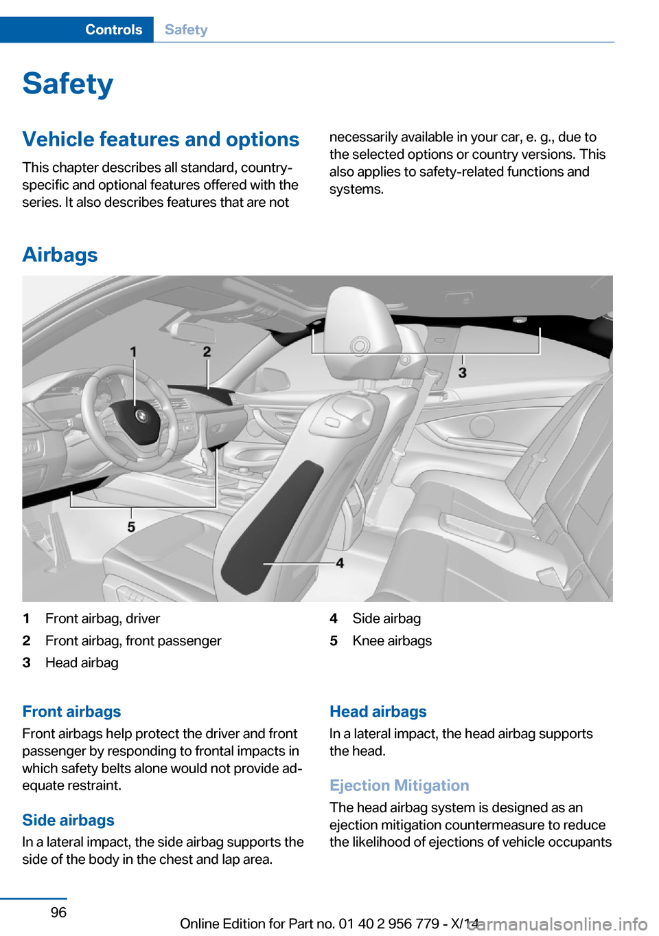 BMW 4 SERIES COUPE 2014 F32 Owners Manual SafetyVehicle features and options
This chapter describes all standard, country-
specific and optional features offered with the
series. It also describes features that are notnecessarily available in