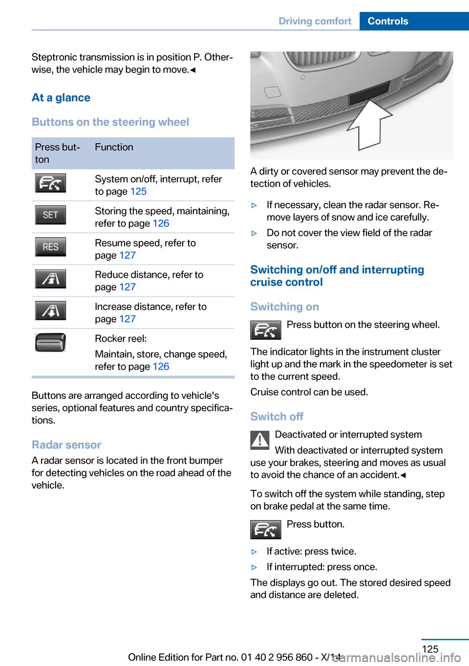 BMW 4 SERIES CONVERTIBLE 2014 F33 Repair Manual Steptronic transmission is in position P. Other‐
wise, the vehicle may begin to move.◀
At a glance
Buttons on the steering wheelPress but‐
tonFunctionSystem on/off, interrupt, refer
to page 125 BMW 4 SERIES CONVERTIBLE 2014 F33 Repair Manual Steptronic transmission is in position P. Other‐
wise, the vehicle may begin to move.◀
At a glance
Buttons on the steering wheelPress but‐
tonFunctionSystem on/off, interrupt, refer
to page 125