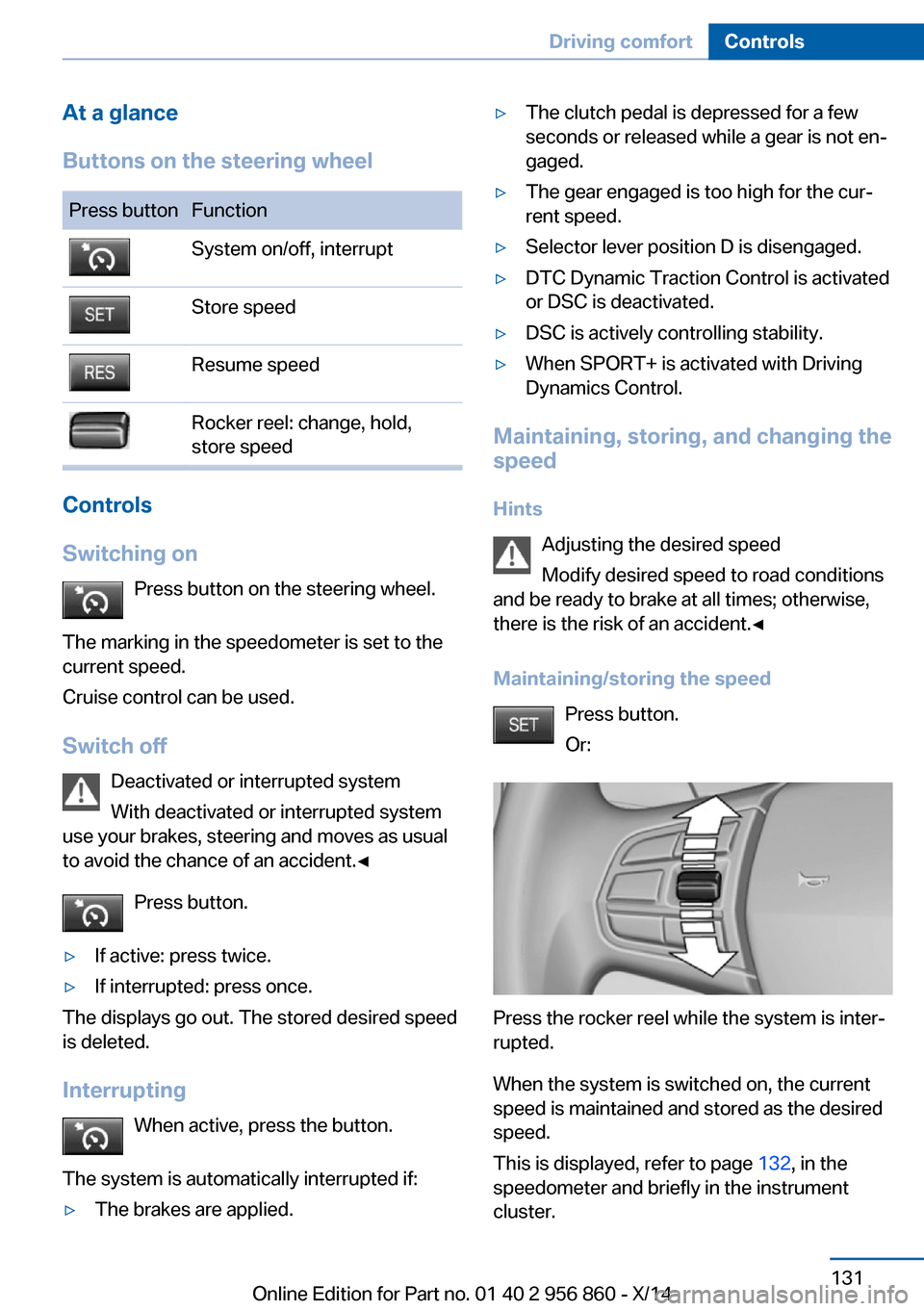 BMW 4 SERIES CONVERTIBLE 2014 F33 Repair Manual At a glance
Buttons on the steering wheelPress buttonFunctionSystem on/off, interruptStore speedResume speedRocker reel: change, hold,
store speed
Controls
Switching on Press button on the steering wh BMW 4 SERIES CONVERTIBLE 2014 F33 Repair Manual At a glance
Buttons on the steering wheelPress buttonFunctionSystem on/off, interruptStore speedResume speedRocker reel: change, hold,
store speed
Controls
Switching on Press button on the steering wh