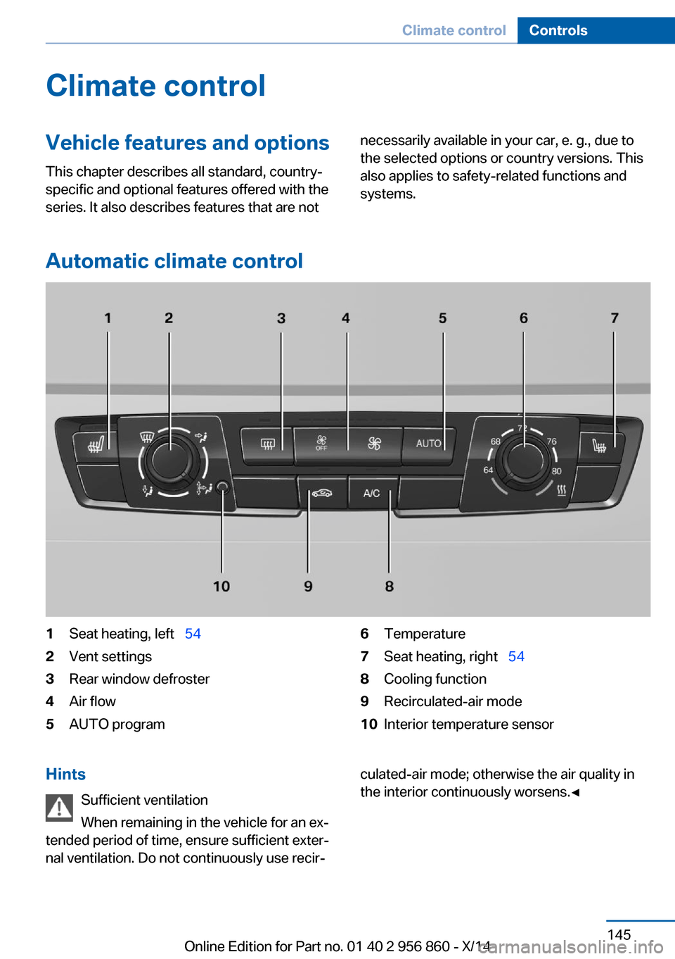 BMW 4 SERIES CONVERTIBLE 2014 F33 Owners Manual Climate controlVehicle features and options
This chapter describes all standard, country-
specific and optional features offered with the
series. It also describes features that are notnecessarily ava