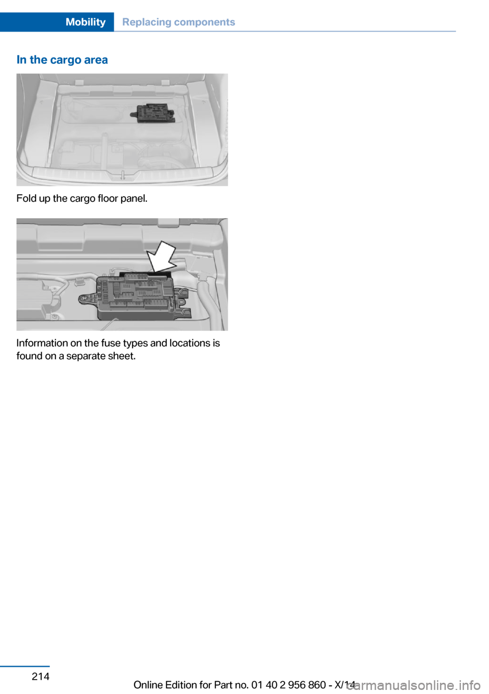 BMW 4 SERIES CONVERTIBLE 2014 F33 Owners Manual In the cargo area
Fold up the cargo floor panel.
Information on the fuse types and locations is
found on a separate sheet.
Seite 214MobilityReplacing components214
Online Edition for Part no. 01 40 2 