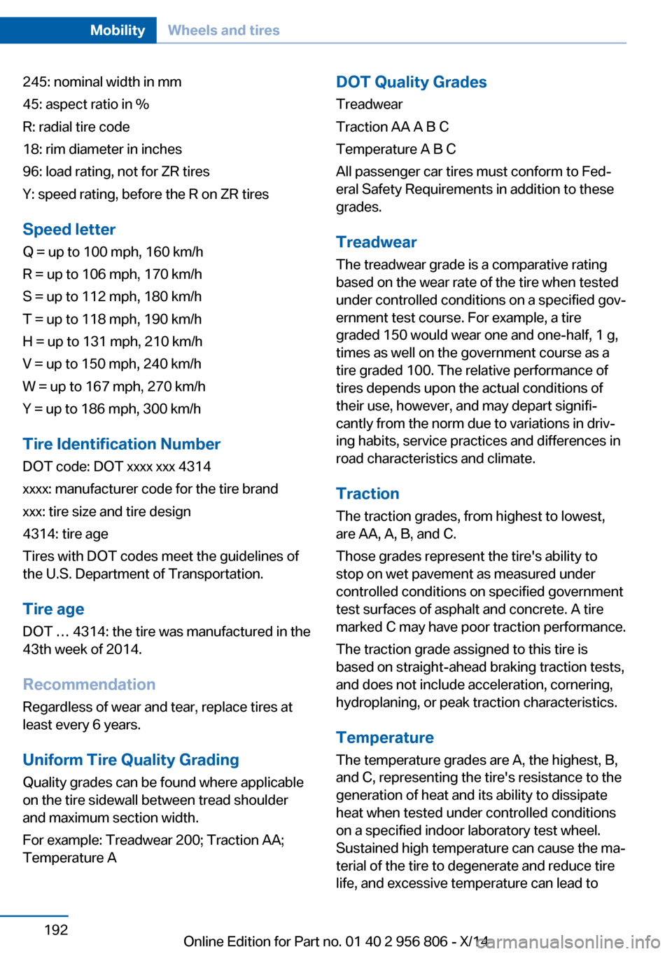 BMW 3 SERIES GRAN COUPE 2014 F34 Owners Manual 245: nominal width in mm
45: aspect ratio in %
R: radial tire code
18: rim diameter in inches
96: load rating, not for ZR tires
Y: speed rating, before the R on ZR tires
Speed letter
Q = up to 100 mph