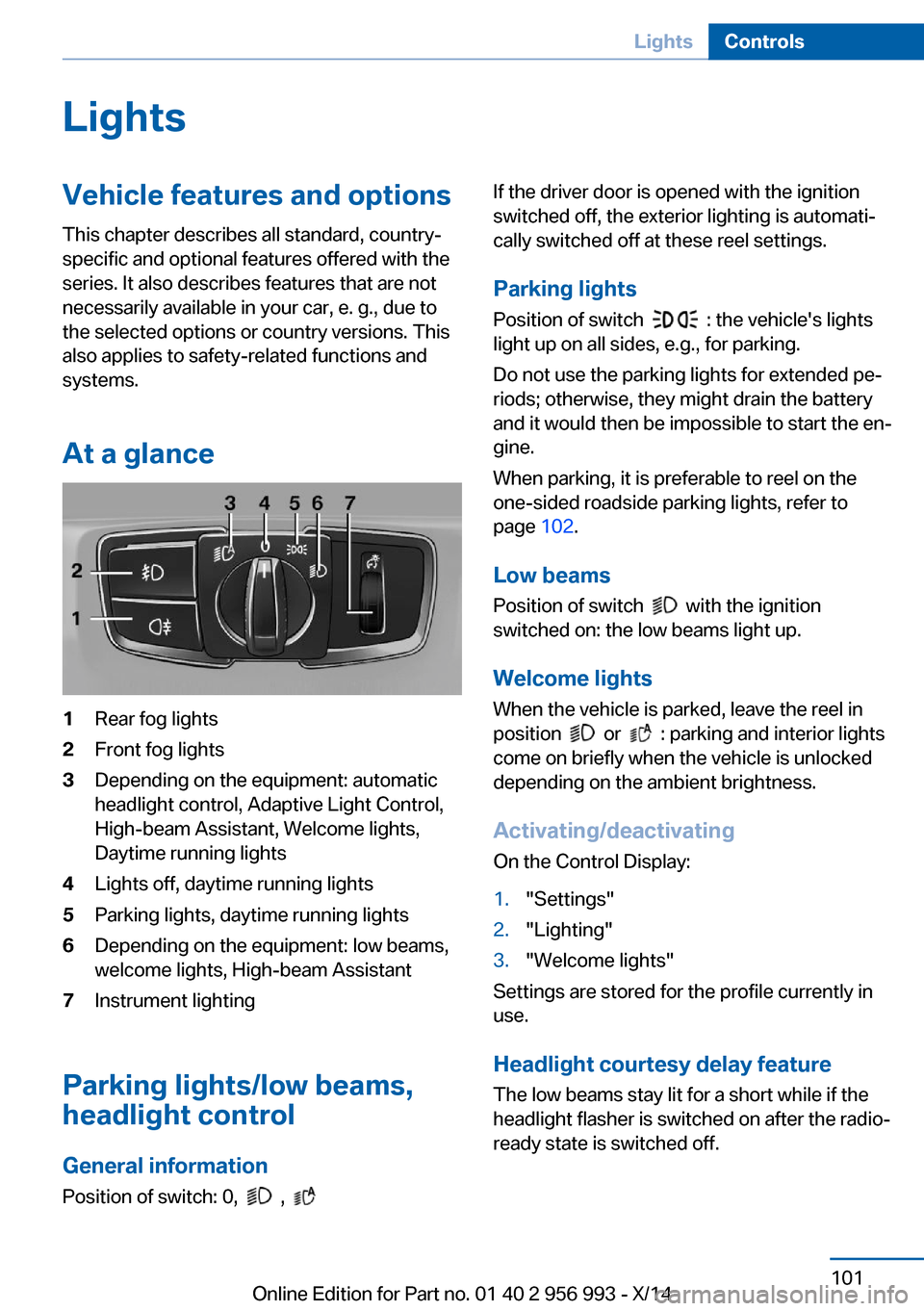 BMW X5M 2014 F85 Owners Manual LightsVehicle features and optionsThis chapter describes all standard, country-
specific and optional features offered with the
series. It also describes features that are not
necessarily available in