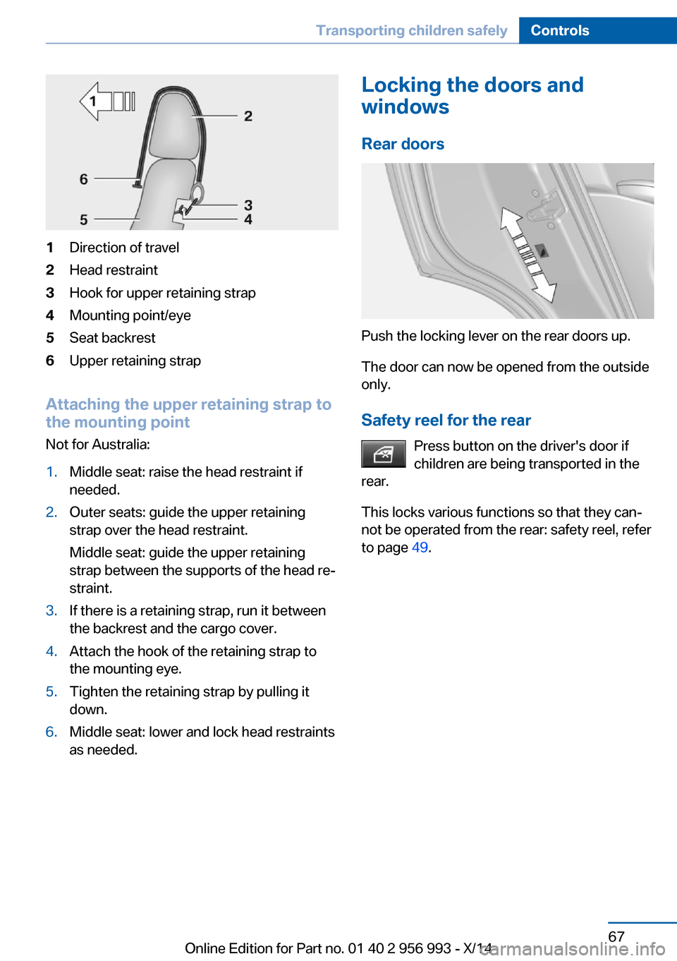 BMW X6M 2014 F86 Manual PDF 1Direction of travel2Head restraint3Hook for upper retaining strap4Mounting point/eye5Seat backrest6Upper retaining strap
Attaching the upper retaining strap to
the mounting point
Not for Australia:
1 BMW X6M 2014 F86 Manual PDF 1Direction of travel2Head restraint3Hook for upper retaining strap4Mounting point/eye5Seat backrest6Upper retaining strap
Attaching the upper retaining strap to
the mounting point
Not for Australia:
1