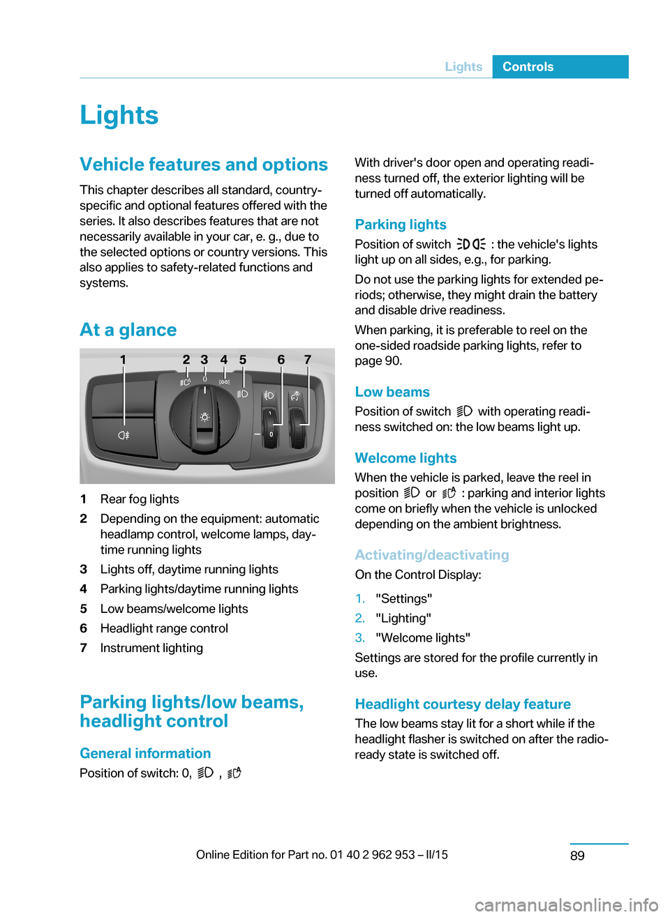 BMW I3 2014 I01 Owners Guide LightsVehicle features and optionsThis chapter describes all standard, country-
specific and optional features offered with the
series. It also describes features that are not
necessarily available in