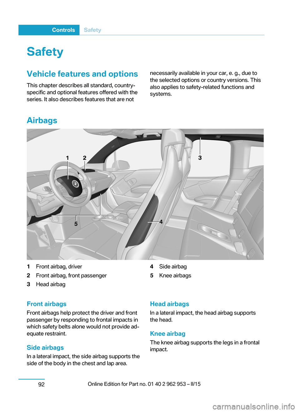 BMW I3 2014 I01 Owners Manual SafetyVehicle features and options
This chapter describes all standard, country-
specific and optional features offered with the
series. It also describes features that are notnecessarily available in BMW I3 2014 I01 Owners Manual SafetyVehicle features and options
This chapter describes all standard, country-
specific and optional features offered with the
series. It also describes features that are notnecessarily available in