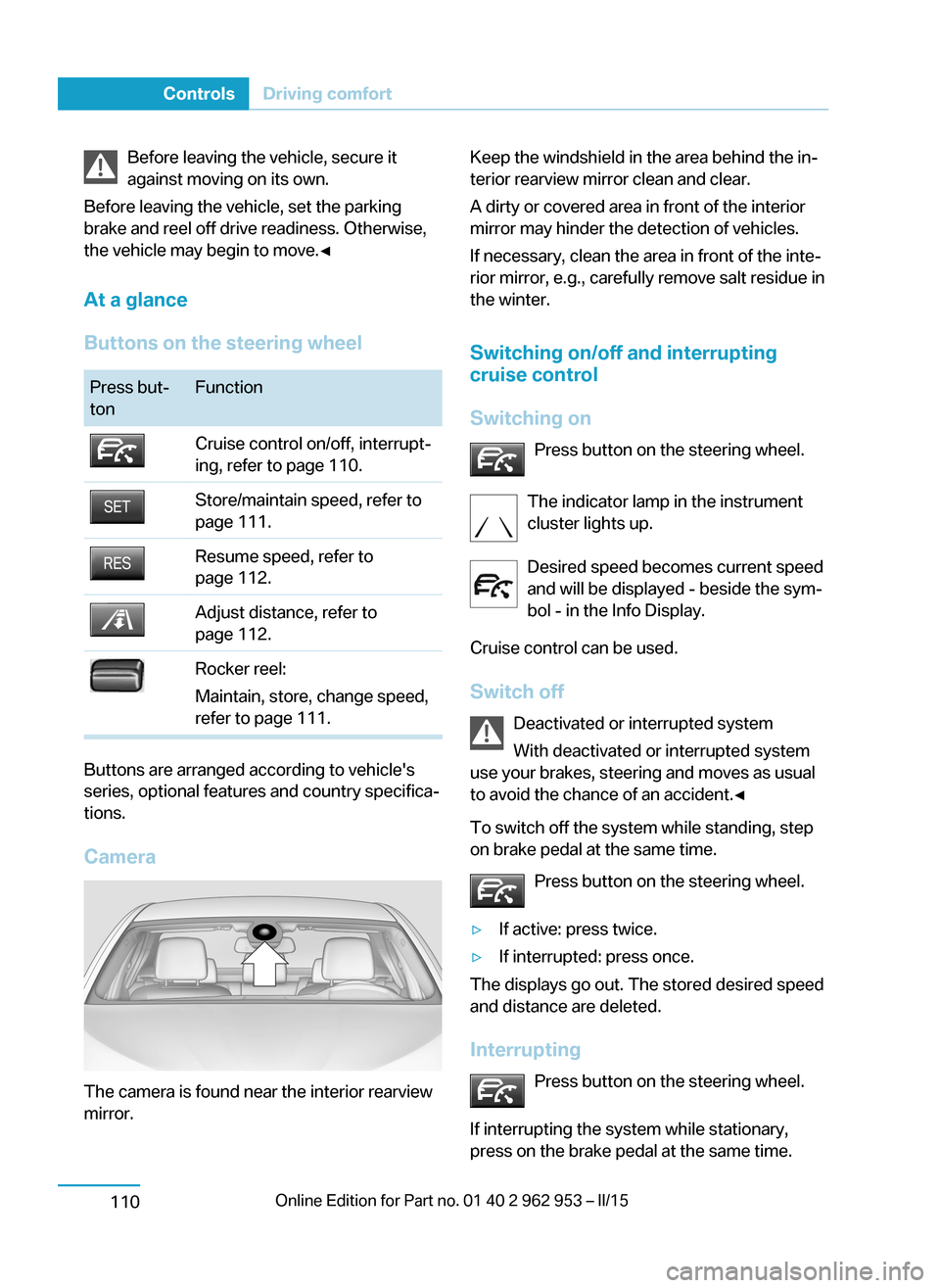 BMW I3 2014 I01 User Guide Before leaving the vehicle, secure it
against moving on its own.
Before leaving the vehicle, set the parking
brake and reel off drive readiness. Otherwise,
the vehicle may begin to move.◀
At a glanc