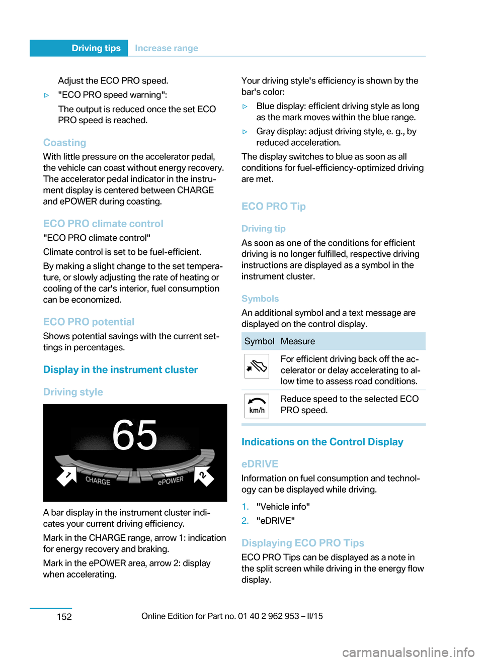 BMW I3 2014 I01 Owners Manual Adjust the ECO PRO speed.▷"ECO PRO speed warning":
The output is reduced once the set ECO
PRO speed is reached.
Coasting
With little pressure on the accelerator pedal,
the vehicle can coast without BMW I3 2014 I01 Owners Manual Adjust the ECO PRO speed.▷"ECO PRO speed warning":
The output is reduced once the set ECO
PRO speed is reached.
Coasting
With little pressure on the accelerator pedal,
the vehicle can coast without