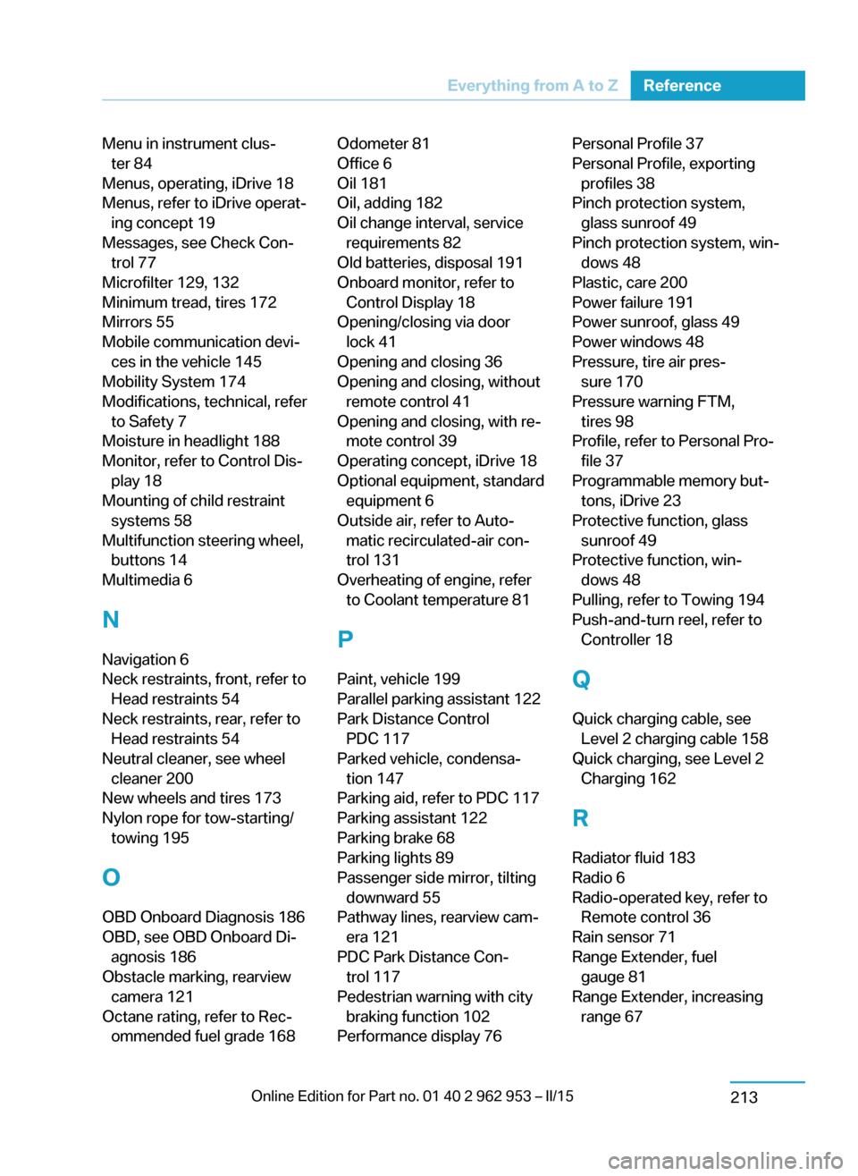 BMW I3 2014 I01 Workshop Manual Menu in instrument clus‐ter 84 
Menus, operating, iDrive 18 
Menus, refer to iDrive operat‐ ing concept 19 
Messages, see Check Con‐ trol 77 
Microfilter 129, 132 
Minimum tread, tires 172 
Mirr