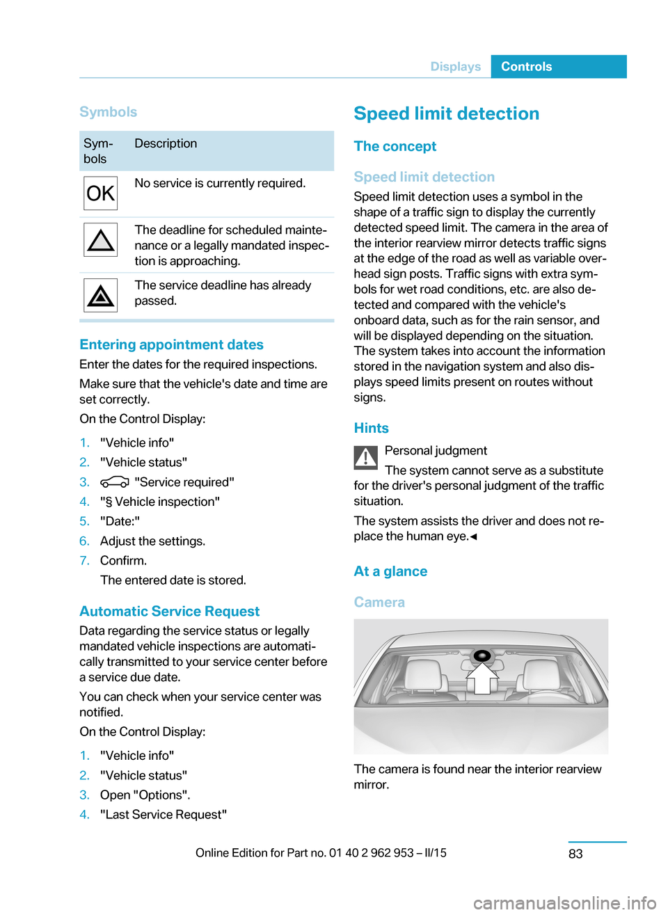 BMW I3 2014 I01 Owners Manual SymbolsSym‐
bolsDescriptionNo service is currently required.The deadline for scheduled mainte‐
nance or a legally mandated inspec‐
tion is approaching.The service deadline has already
passed.
En BMW I3 2014 I01 Owners Manual SymbolsSym‐
bolsDescriptionNo service is currently required.The deadline for scheduled mainte‐
nance or a legally mandated inspec‐
tion is approaching.The service deadline has already
passed.
En