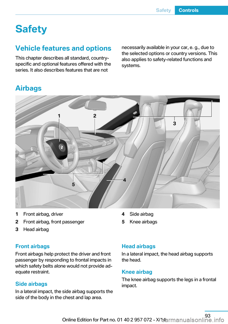 BMW I8 2014 I12 Owners Manual SafetyVehicle features and options
This chapter describes all standard, country-
specific and optional features offered with the
series. It also describes features that are notnecessarily available in BMW I8 2014 I12 Owners Manual SafetyVehicle features and options
This chapter describes all standard, country-
specific and optional features offered with the
series. It also describes features that are notnecessarily available in
