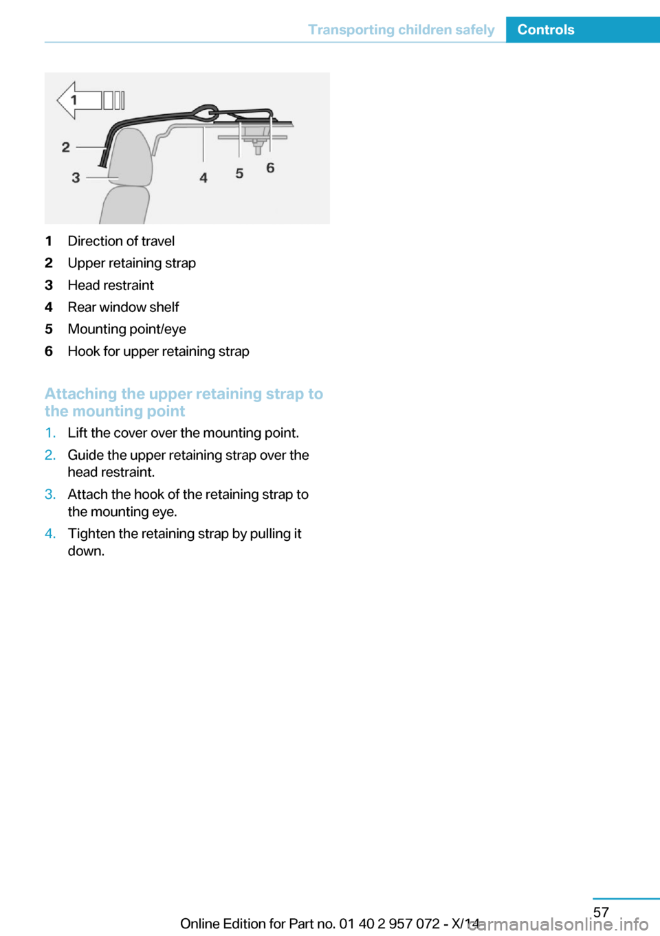 BMW I8 2014 I12 Manual PDF 1Direction of travel2Upper retaining strap3Head restraint4Rear window shelf5Mounting point/eye6Hook for upper retaining strap
Attaching the upper retaining strap to
the mounting point
1.Lift the cover BMW I8 2014 I12 Manual PDF 1Direction of travel2Upper retaining strap3Head restraint4Rear window shelf5Mounting point/eye6Hook for upper retaining strap
Attaching the upper retaining strap to
the mounting point
1.Lift the cover