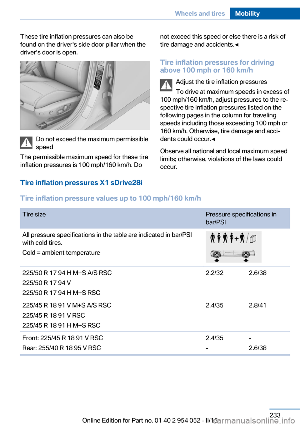 BMW X1 2015 E84 Owners Manual These tire inflation pressures can also be
found on the drivers side door pillar when the
drivers door is open.
Do not exceed the maximum permissible
speed
The permissible maximum speed for these ti BMW X1 2015 E84 Owners Manual These tire inflation pressures can also be
found on the drivers side door pillar when the
drivers door is open.
Do not exceed the maximum permissible
speed
The permissible maximum speed for these ti