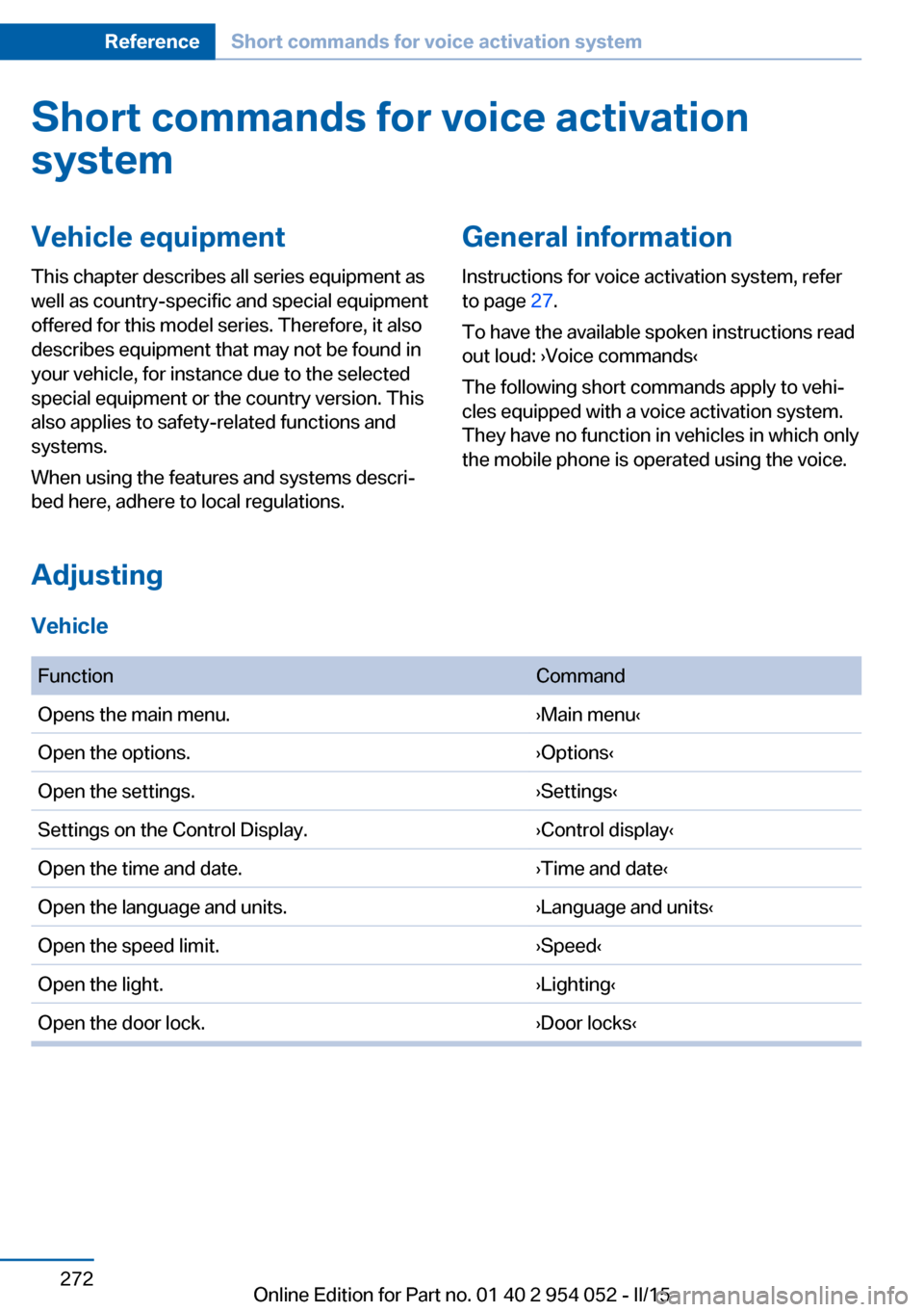 BMW X1 2015 E84 Owners Manual Short commands for voice activationsystemVehicle equipment
This chapter describes all series equipment as
well as country-specific and special equipment
offered for this model series. Therefore, it al