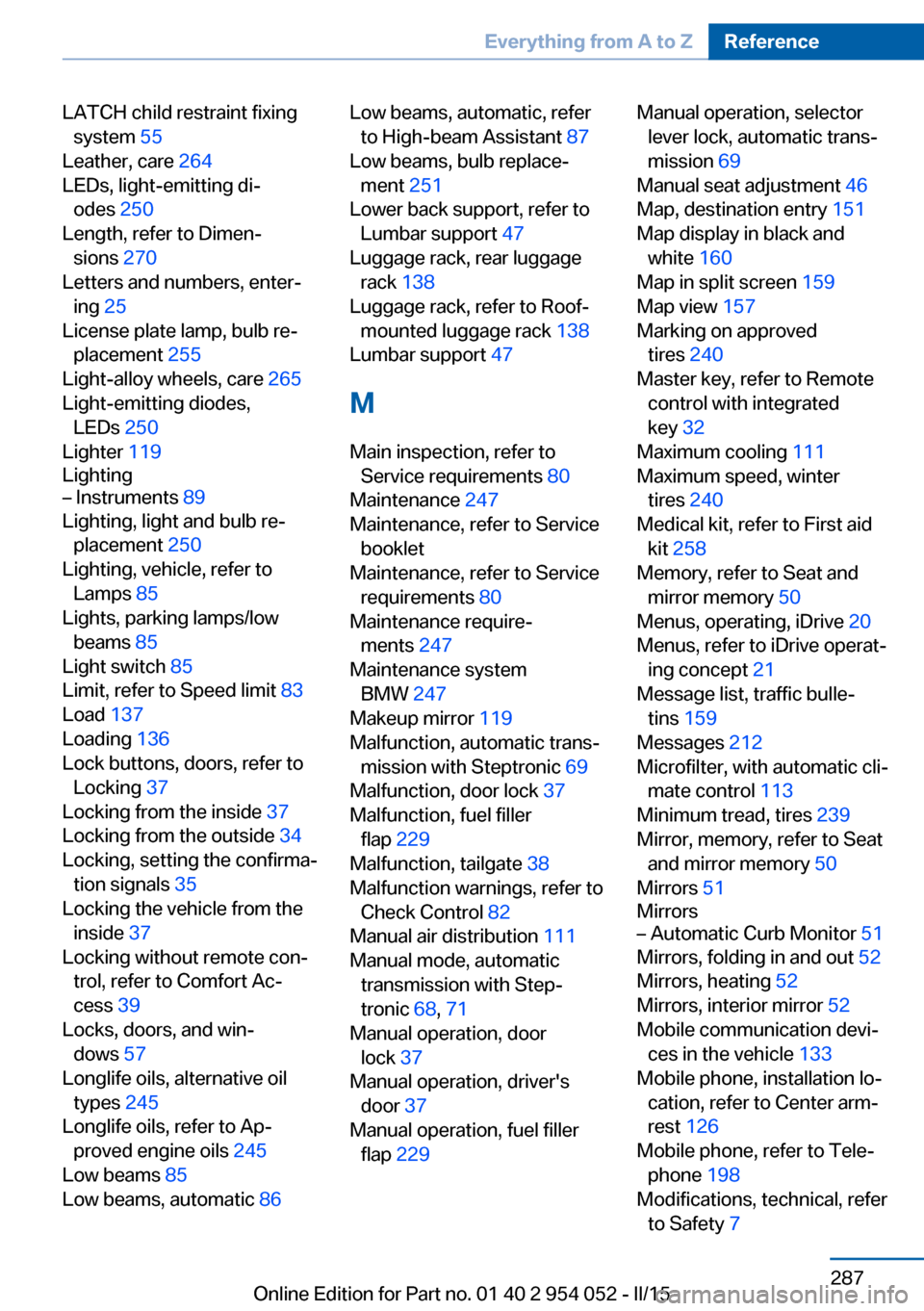 BMW X1 2015 E84 Manual PDF LATCH child restraint fixingsystem  55 
Leather, care  264 
LEDs, light-emitting di‐ odes  250 
Length, refer to Dimen‐ sions  270 
Letters and numbers, enter‐ ing  25 
License plate lamp, bulb 