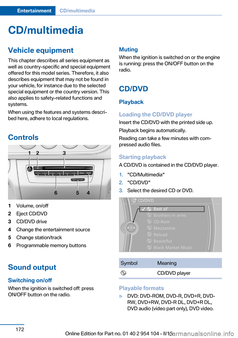 BMW Z4 2015 E89 Owners Manual CD/multimediaVehicle equipmentThis chapter describes all series equipment as
well as country-specific and special equipment
offered for this model series. Therefore, it also
describes equipment that m BMW Z4 2015 E89 Owners Manual CD/multimediaVehicle equipmentThis chapter describes all series equipment as
well as country-specific and special equipment
offered for this model series. Therefore, it also
describes equipment that m