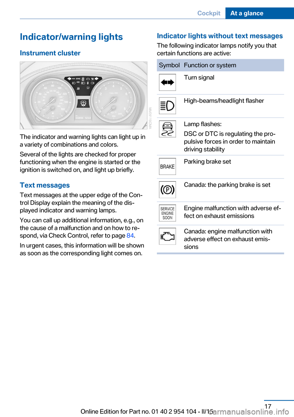 BMW Z4 2015 E89 Owners Manual Indicator/warning lightsInstrument cluster
The indicator and warning lights can light up in
a variety of combinations and colors.
Several of the lights are checked for proper
functioning when the engi