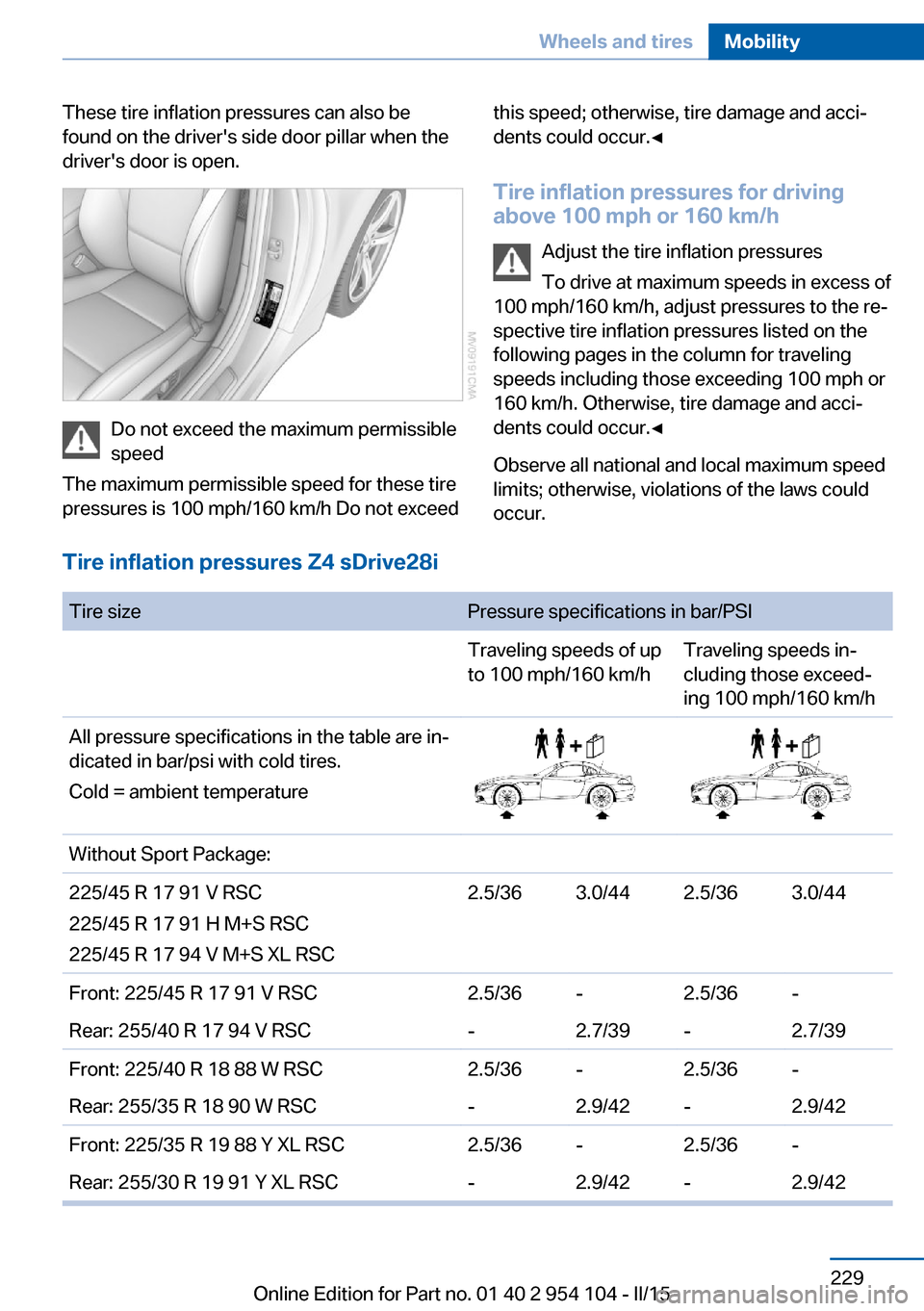 BMW Z4 2015 E89 Owners Manual These tire inflation pressures can also be
found on the drivers side door pillar when the
drivers door is open.
Do not exceed the maximum permissible
speed
The maximum permissible speed for these ti BMW Z4 2015 E89 Owners Manual These tire inflation pressures can also be
found on the drivers side door pillar when the
drivers door is open.
Do not exceed the maximum permissible
speed
The maximum permissible speed for these ti