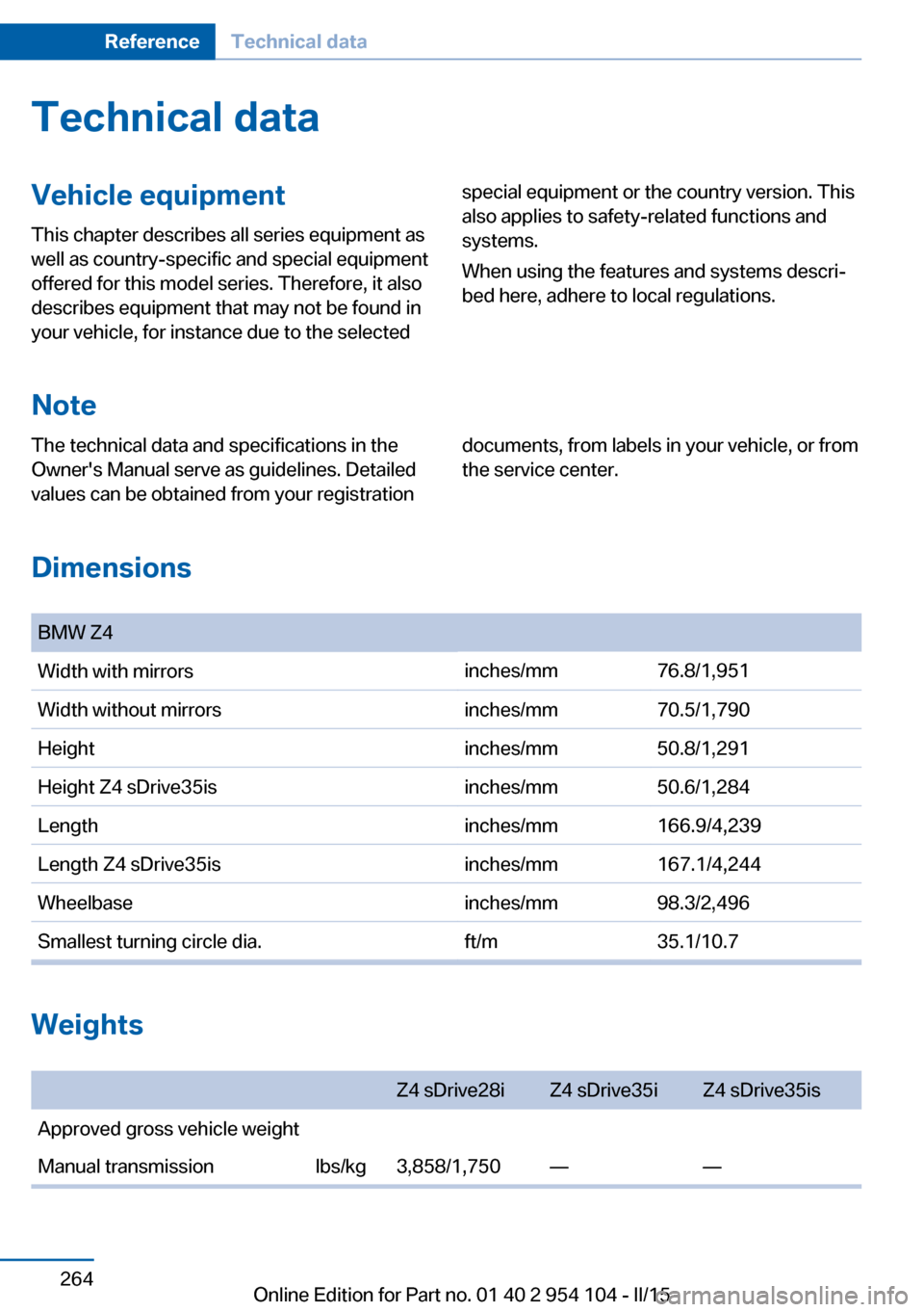 BMW Z4 2015 E89 Owners Manual Technical dataVehicle equipment
This chapter describes all series equipment as
well as country-specific and special equipment
offered for this model series. Therefore, it also
describes equipment that BMW Z4 2015 E89 Owners Manual Technical dataVehicle equipment
This chapter describes all series equipment as
well as country-specific and special equipment
offered for this model series. Therefore, it also
describes equipment that
