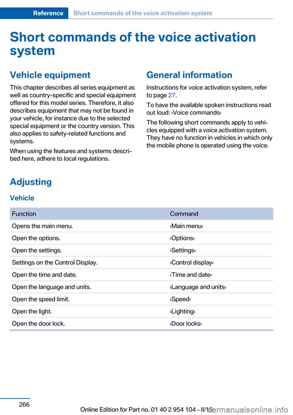 BMW Z4 2015 E89 Owners Manual Short commands of the voice activation
systemVehicle equipment
This chapter describes all series equipment as
well as country-specific and special equipment
offered for this model series. Therefore, i BMW Z4 2015 E89 Owners Manual Short commands of the voice activation
systemVehicle equipment
This chapter describes all series equipment as
well as country-specific and special equipment
offered for this model series. Therefore, i